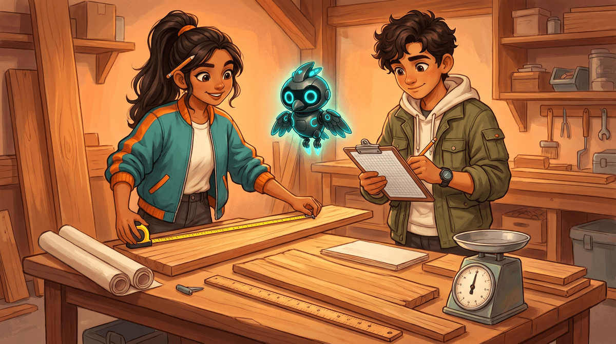 Comet and Wren measure a long plank with a tape measure in the Loft while Nova hovers nearby.