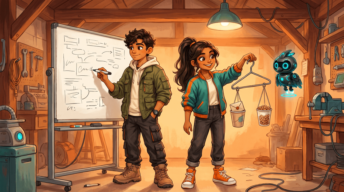 Comet and Wren beside a coat-hanger balance and a whiteboard in the Loft, with Nova hovering above.