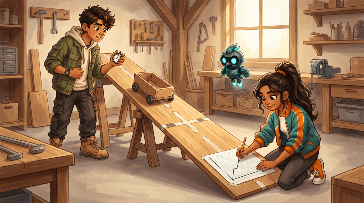 Comet, Wren and Nova in the Loft timing the small wooden cart as it rolls down the taped plank.