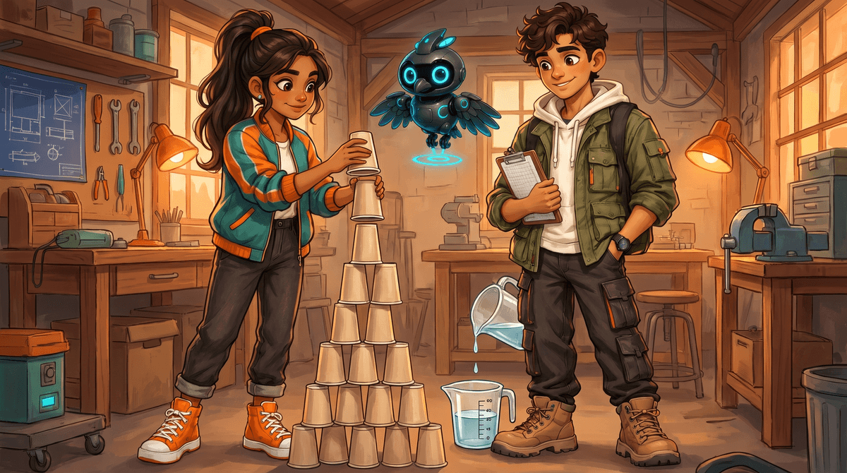 Comet, Wren and Nova in the Loft beside a paper-cup tower and a clear jug filling from a dripping tube.