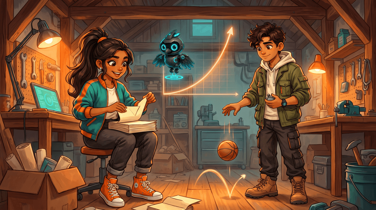 Comet folds a long paper strip in the Loft while Wren tracks the layers and Nova watches a bouncing ball.