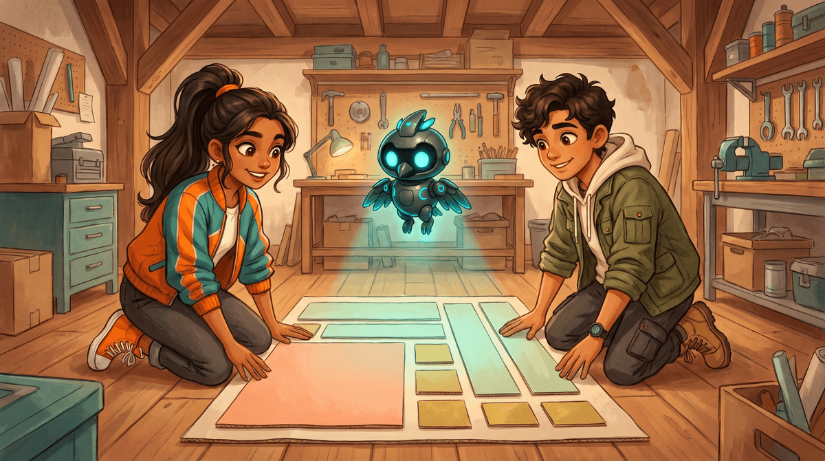 Comet, Wren and Nova in the Loft with cardboard algebra tiles laid out as a launch-pad plan.