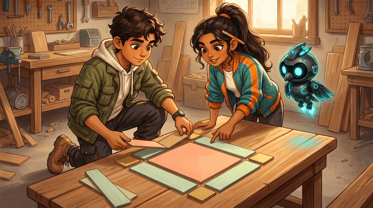 Comet slides cardboard algebra tiles into a rectangle in the Loft while Wren reads the sides and Nova hovers.