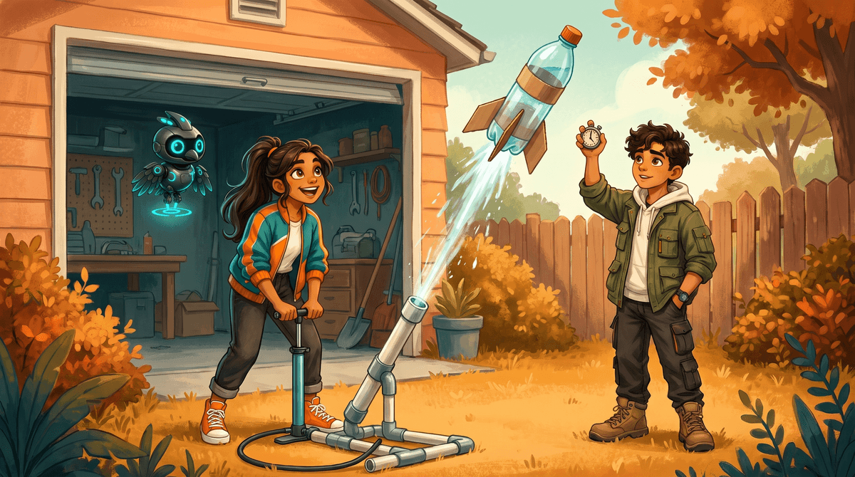 Comet, Wren and Nova in the backyard as the bottle rocket launches, with a grown-up watching from the steps.