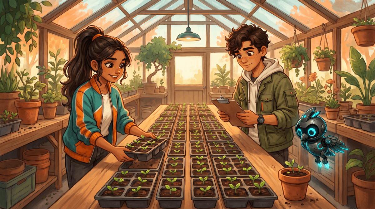 Seedling trays stand in equal rows on a long bench, with a few leftover seedlings in a small pot nearby.