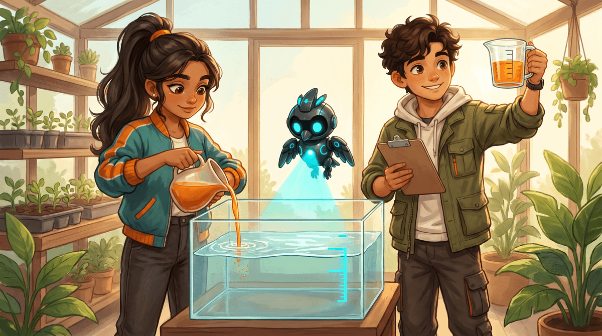 Comet pours plant food solution into a clear tank in the Glass House while Wren checks a measuring pitcher and Nova hovers.