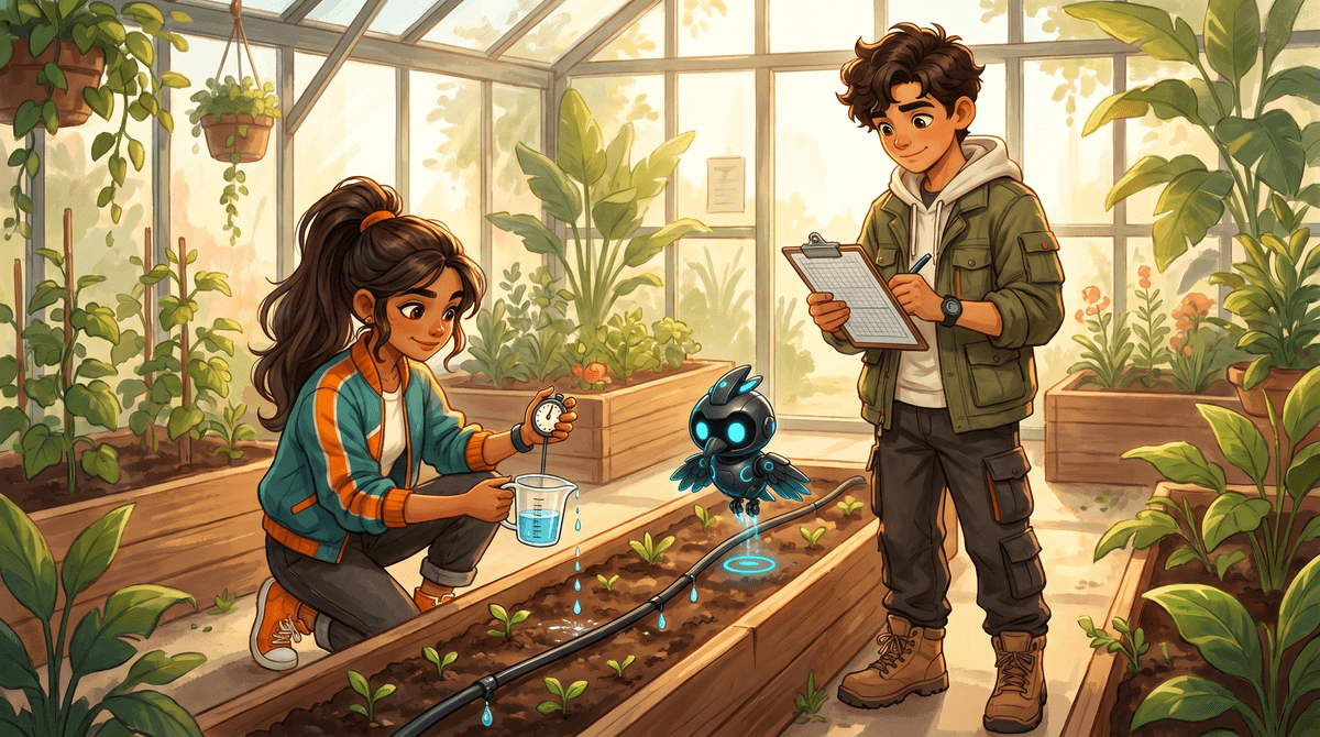 A drip hose along raised beds in the Glass House; Comet times drops into a cup while Wren and Nova watch.