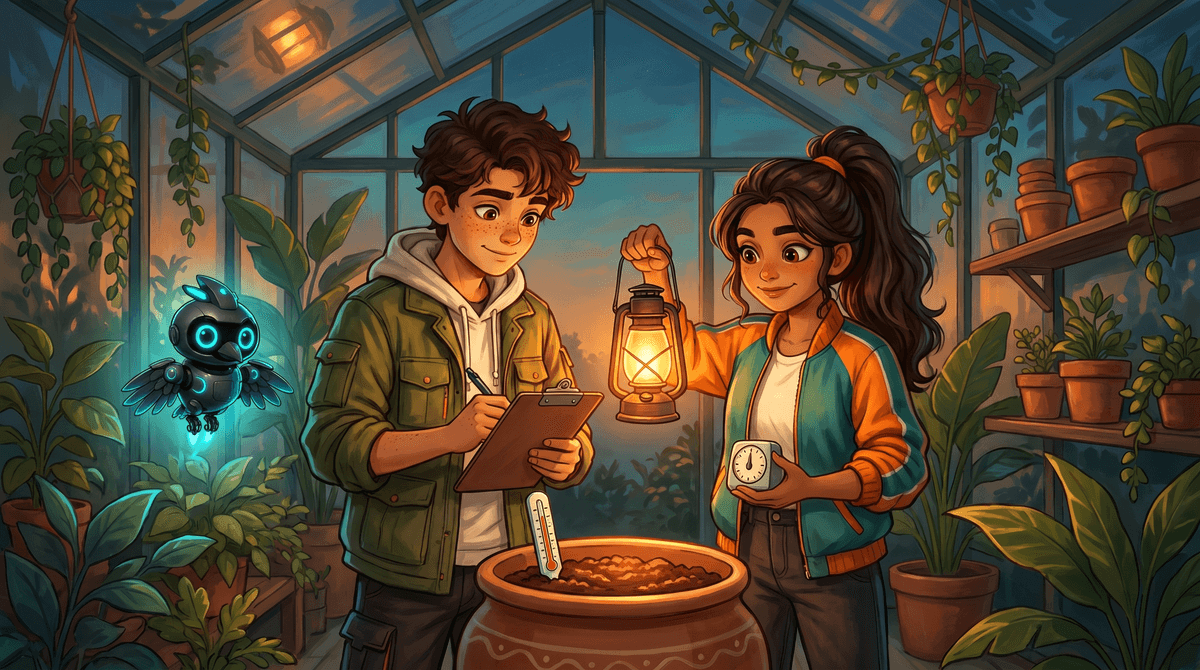 Wren reads a thermometer in a pot of warm soil by lantern light at dusk, while Comet and Nova look on.