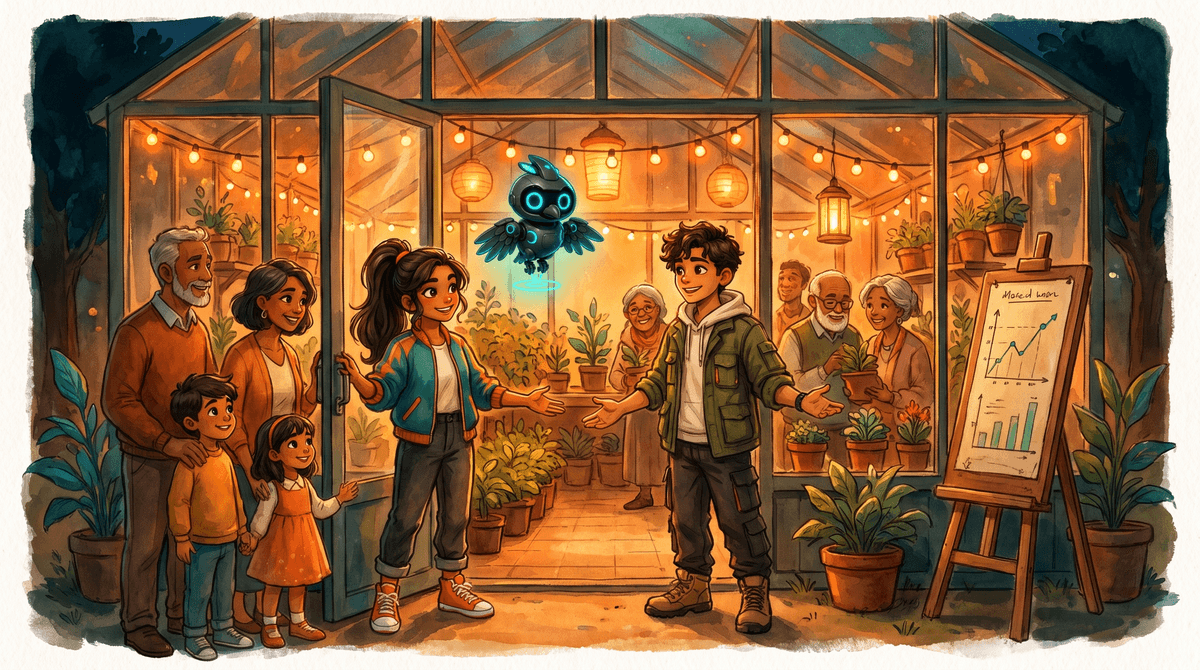 The Open House in the glowing greenhouse with string lights, Comet and Wren showing a chart to neighbors as Nova hovers.