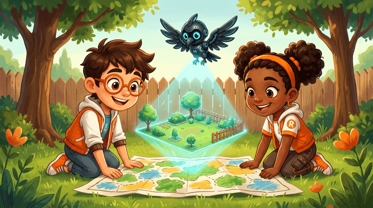 Rocket and Raven kneel over a hand-drawn habitat map while Nova projects it in light.