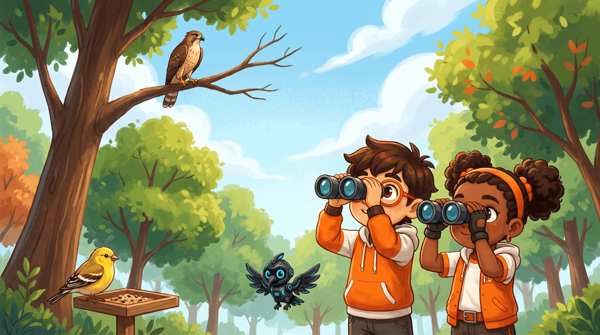 Rocket and Raven watch a hawk and a goldfinch through binoculars.
