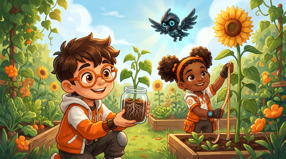 Rocket holds a seedling in a jar while Raven measures a sunflower.