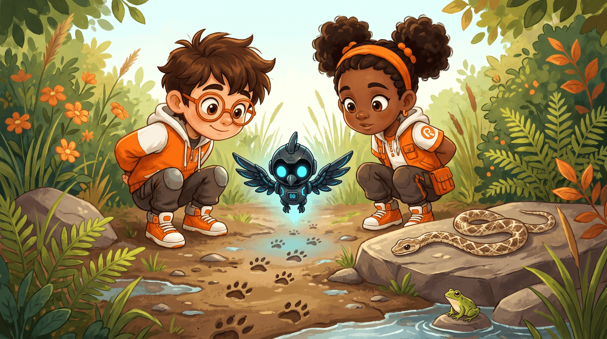 Rocket and Raven study tracks in the mud near a snake and a frog.