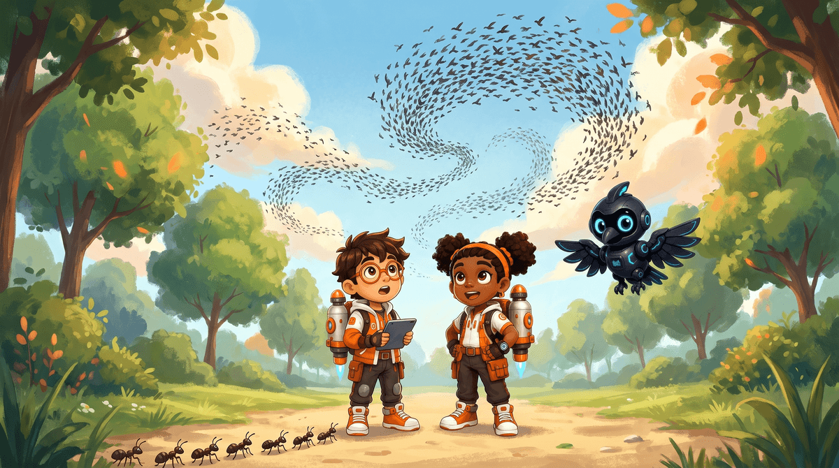 Rocket and Raven watch a flock swirl overhead while ants march below.