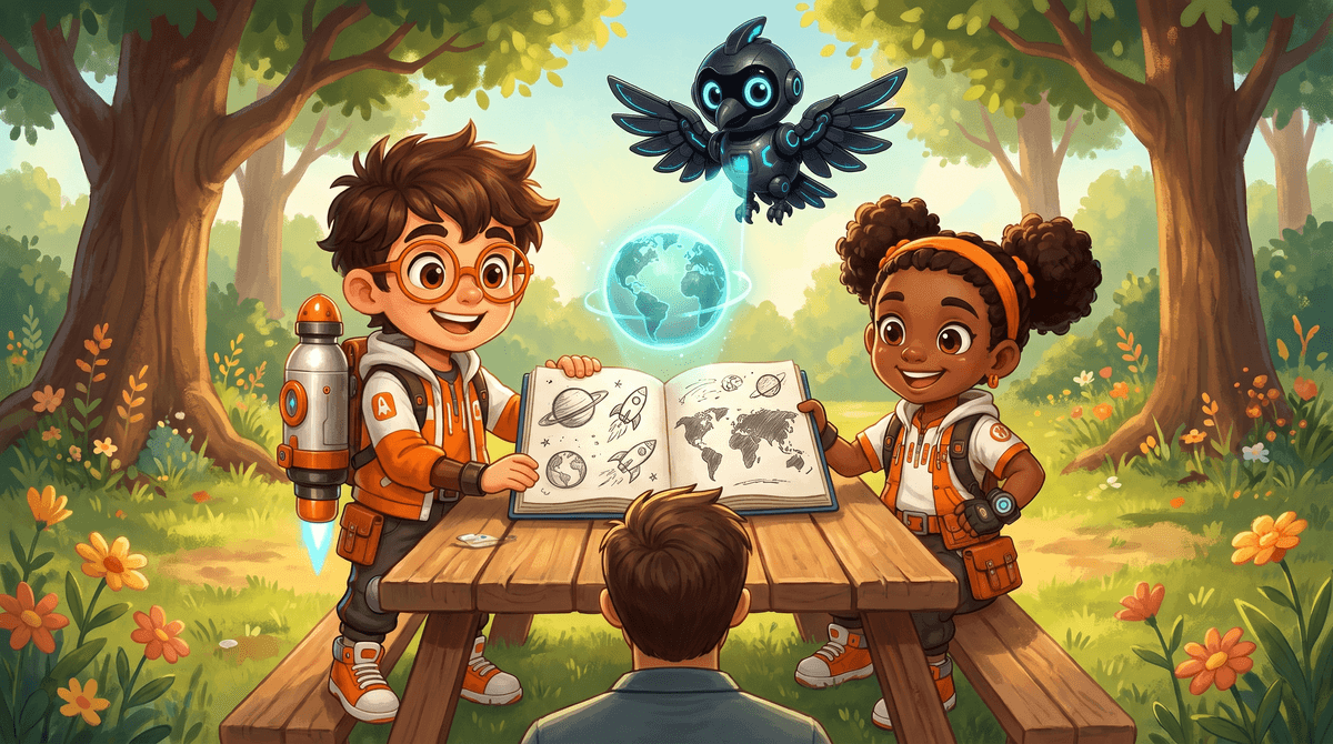 Rocket and Raven show their explorer report to a grown-up at a picnic table.