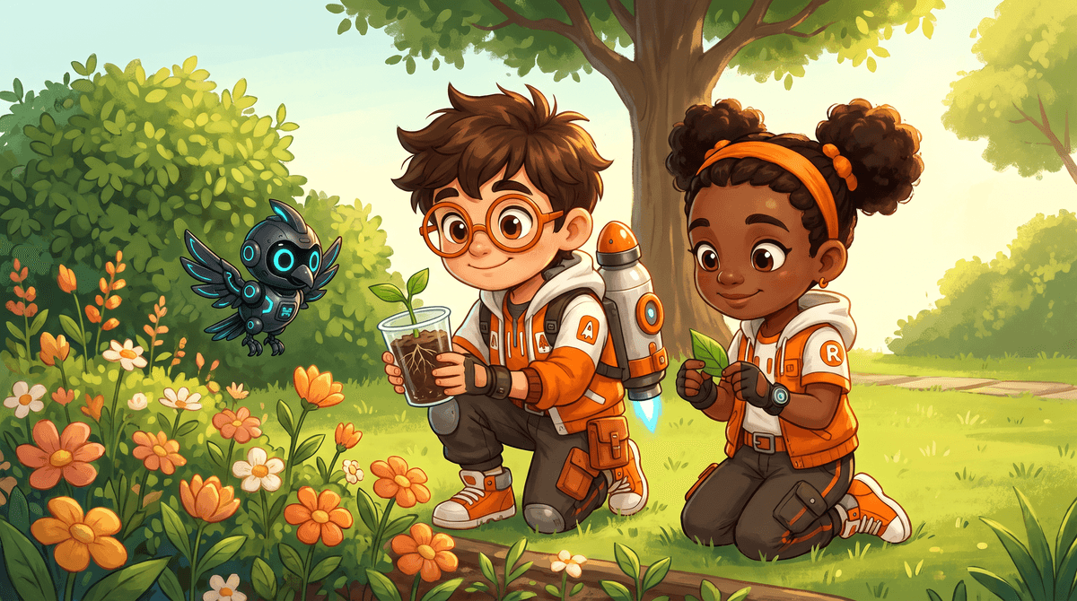 Rocket holds a plant in a cup. Raven holds a leaf.