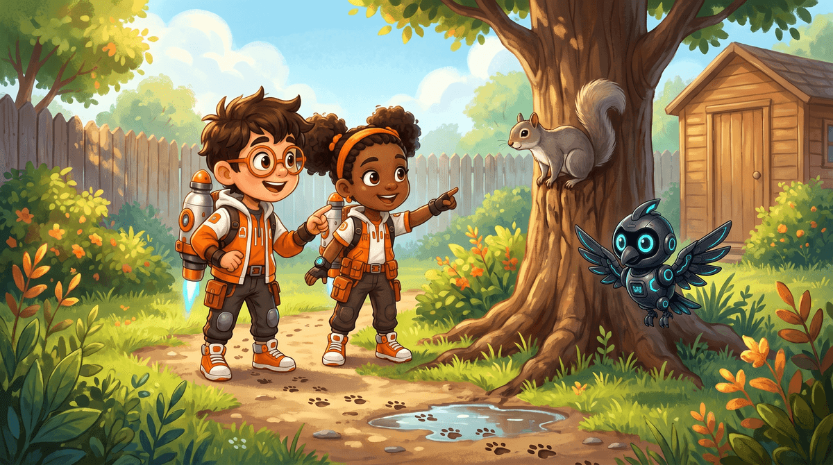 Rocket and Raven follow paw prints. A squirrel watches.