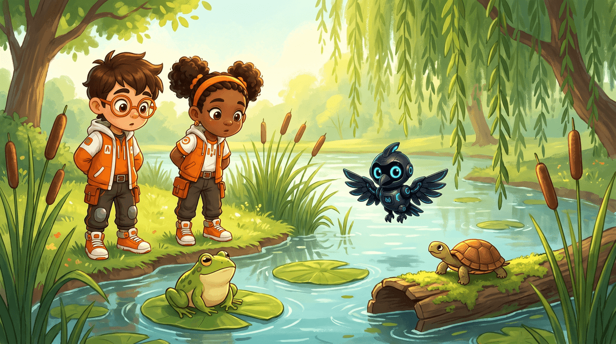 Rocket and Raven watch a frog and a turtle.