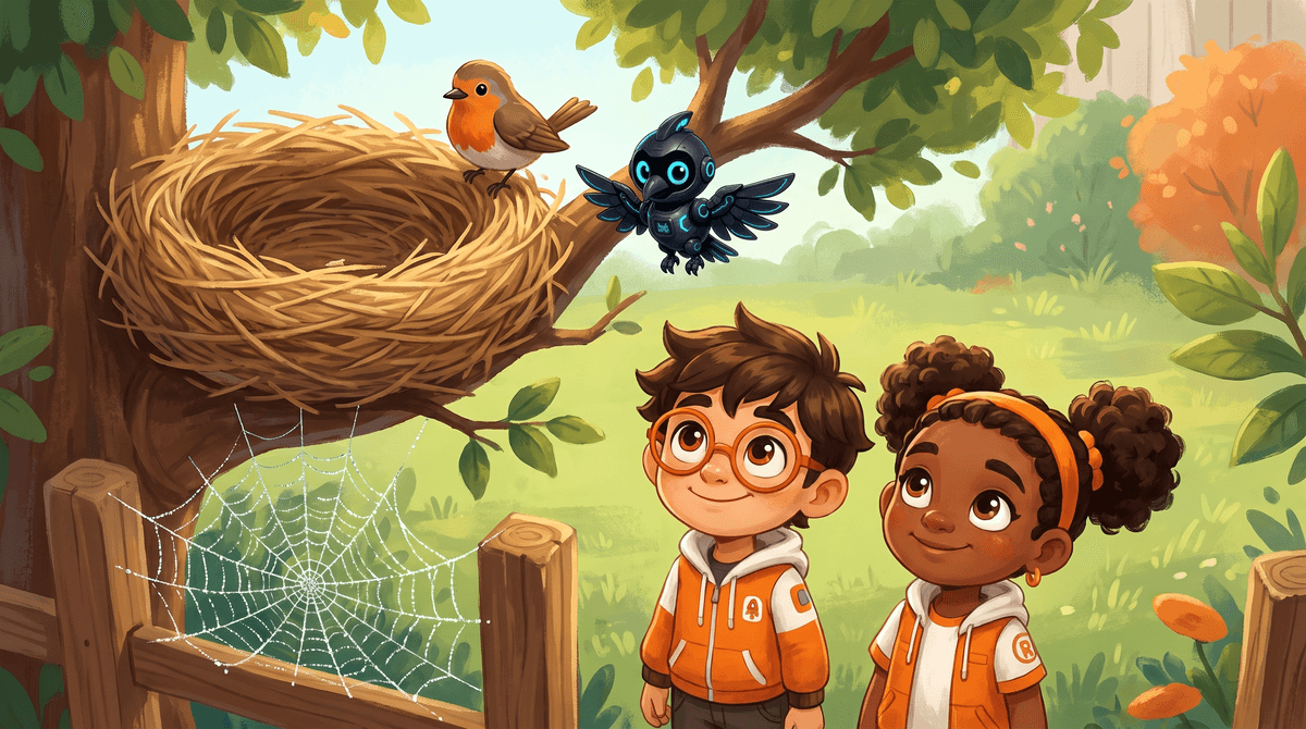 A bird sits by its nest. A spider web hangs on the fence.