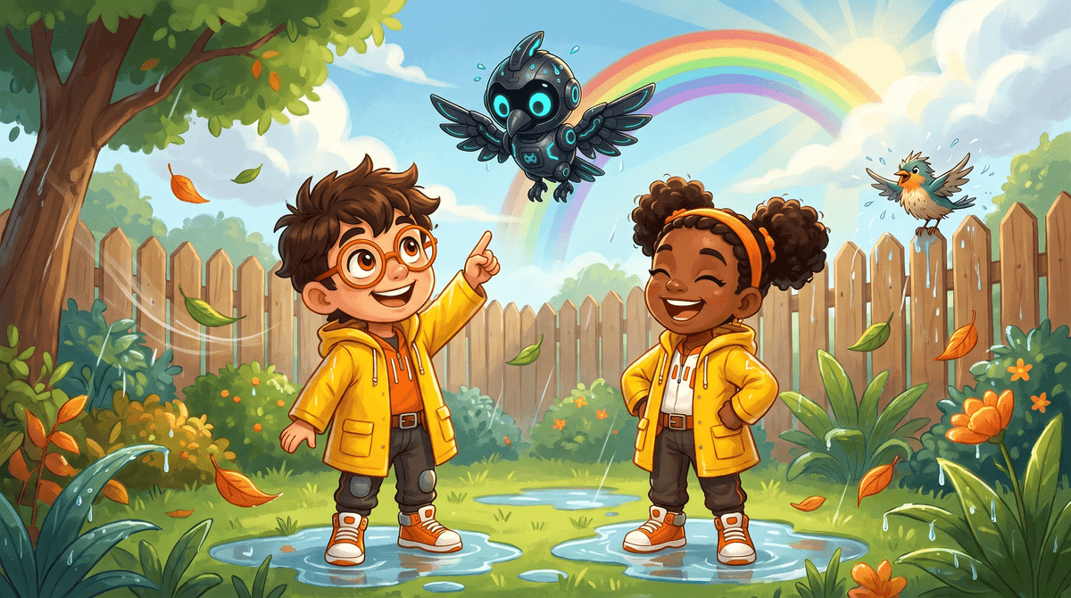 Rocket and Raven splash in puddles under a rainbow.