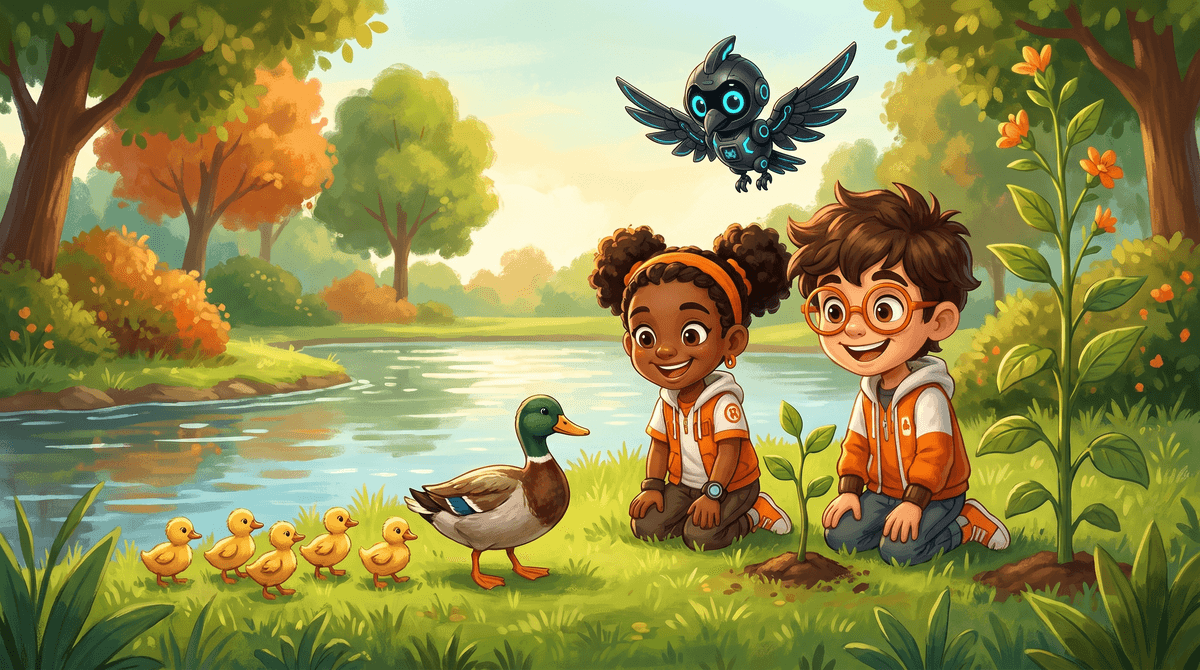 Rocket and Raven watch a duck lead her ducklings.