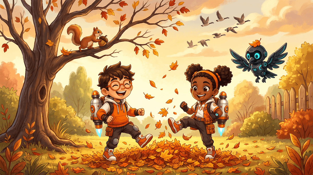 Rocket and Raven kick fall leaves. Geese fly above.