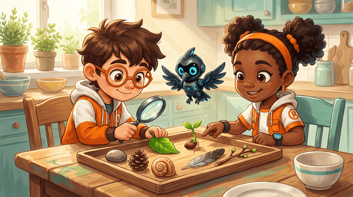 Rocket, Raven and Nova at the Windowsill, a sunny kitchen windowsill lab. Rocket tips a tray of small objects onto the sill. Raven holds a dried bean beside a pebble. Nova the companion drone hovers above with her light on.