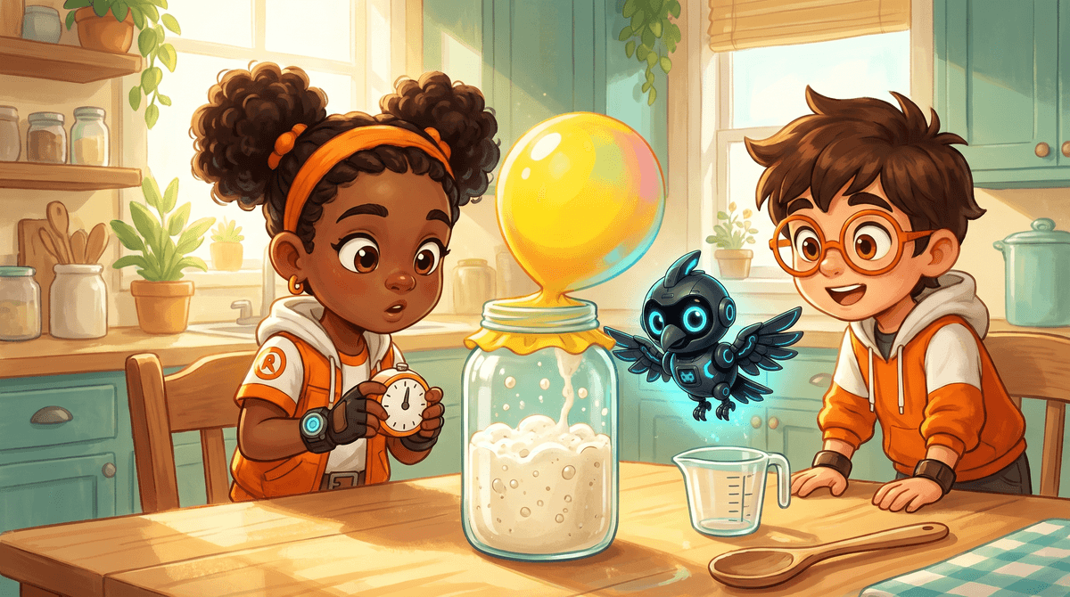 Rocket, Raven and Nova at the Windowsill. Rocket shakes a packet of baking yeast over the sill next to the seed jar. Raven looks at the grains through a hand lens. Nova the companion drone hovers above with her light on.