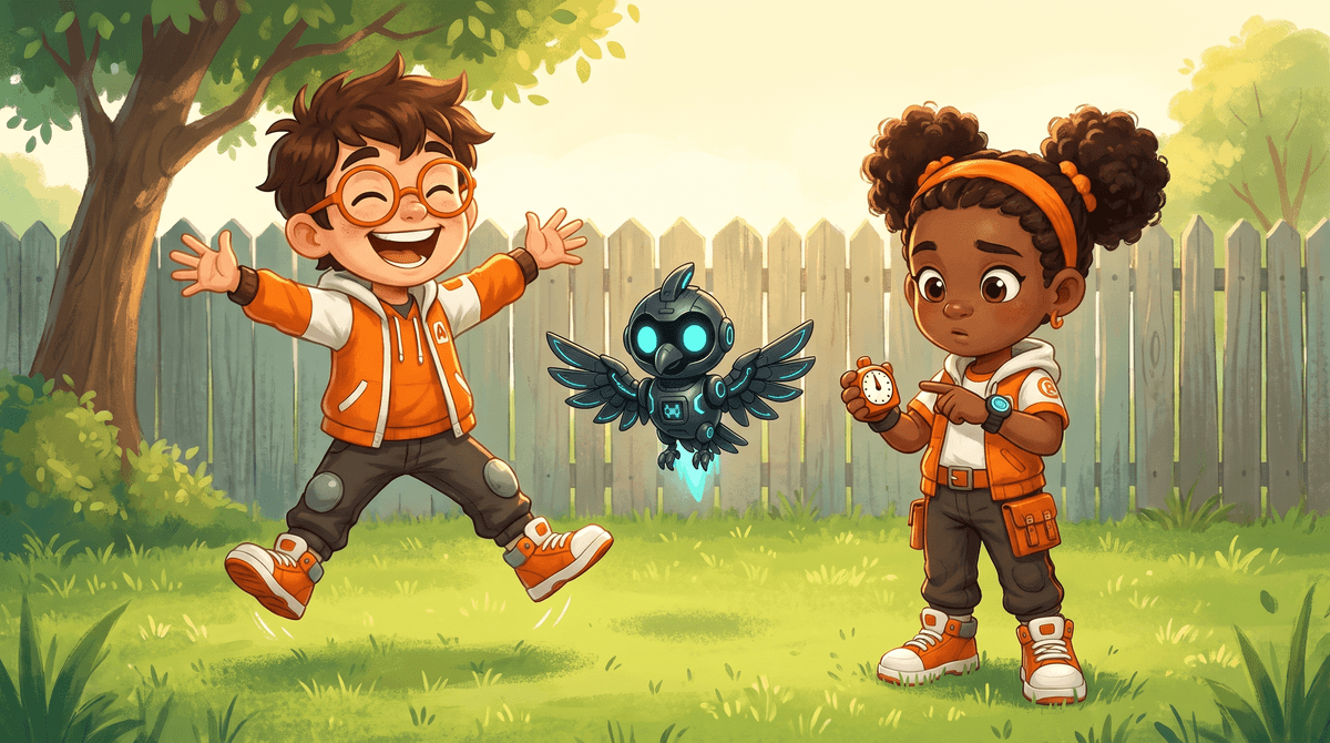 Rocket, Raven and Nova at the Windowsill, a sunny kitchen windowsill lab lined with seed jars. Rocket holds two fingers to his wrist. Raven draws a ladder of five rungs in the Windowsill Log. Nova the drone hovers above the seedlings with her light glowing.