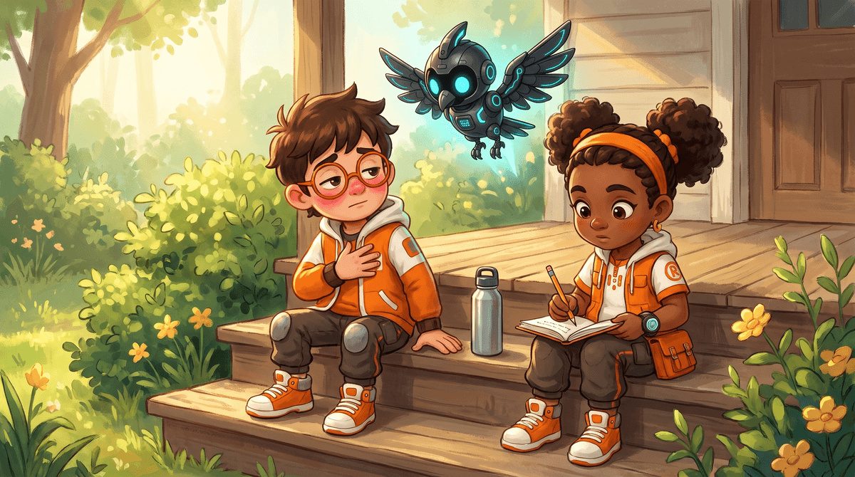 Rocket and Raven lean against the Windowsill, flushed and breathing hard after a race. Seed jars line the sunny sill behind them. Nova the drone hovers between them with her light pulsing. Raven holds the Windowsill Log open to a new page.
