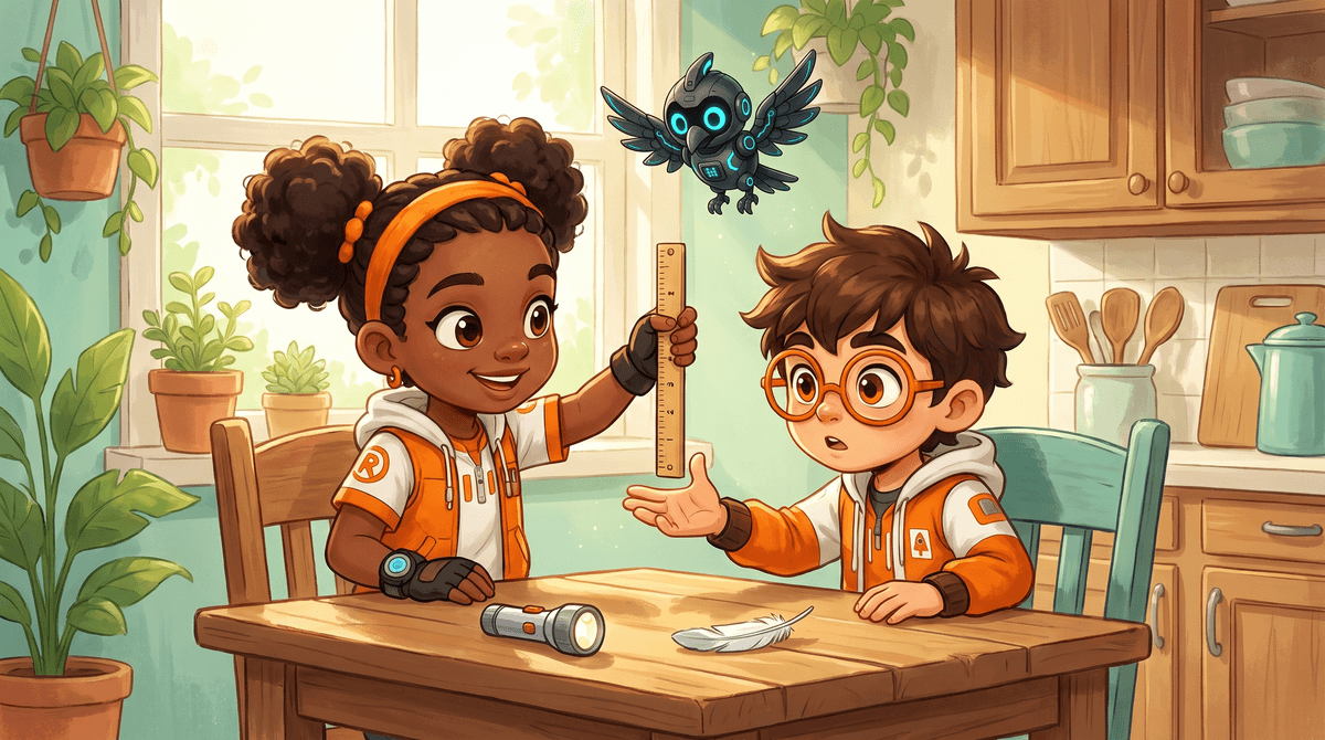 Raven catches a falling ruler at the Windowsill while Rocket watches with wide eyes, seed jars glowing in the sunlight behind them. Nova the drone hovers above the ruler with her light steady.