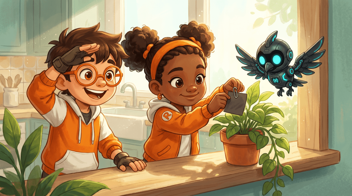 Rocket, Raven and Nova at the Windowsill, where the course seedlings in their jars lean toward the bright window. Raven holds a ruler against the tallest seedling. Nova the drone hovers above the jars with her light glowing warm.