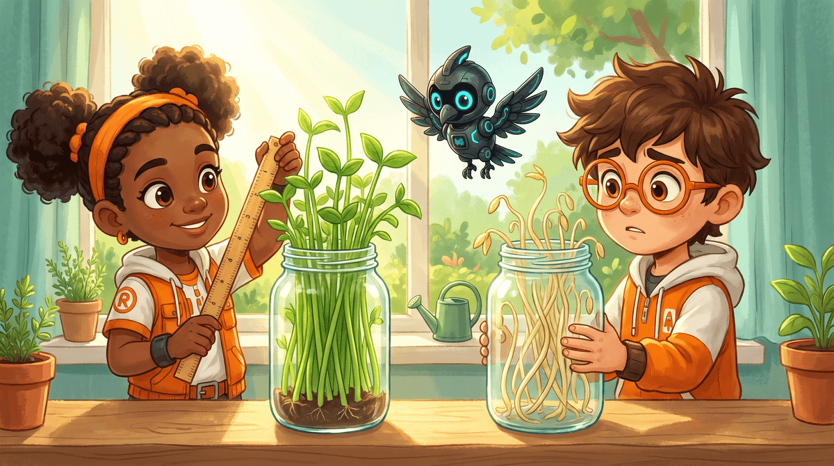 Two glass jars of bean sprouts side by side on the Windowsill. One holds tall green leafy seedlings in sunlight, the other pale, thin, yellowish seedlings leaning over. Raven measures the green sprouts with a ruler while Rocket holds the pale jar and looks puzzled. Nova hovers between them.