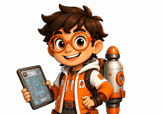 Rocket the inventor holding his engineering tablet