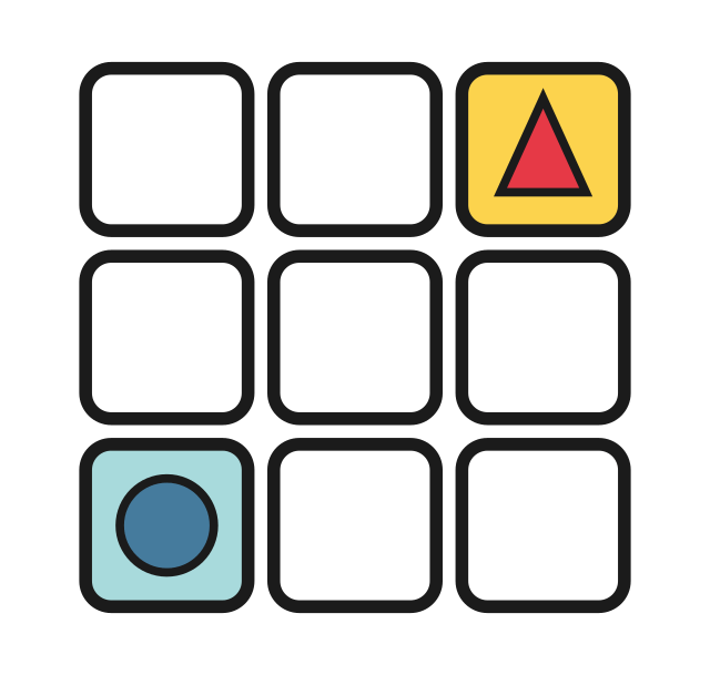 A three by three grid with a blue start dot at the bottom left and a flag at the top right