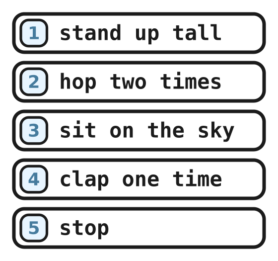 The silly program: stand up tall, hop two times, sit on the sky, clap one time, stop