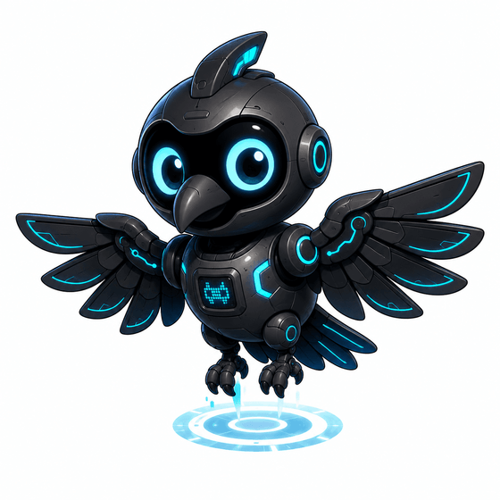 Nova the drone-bird hovering with glowing eyes