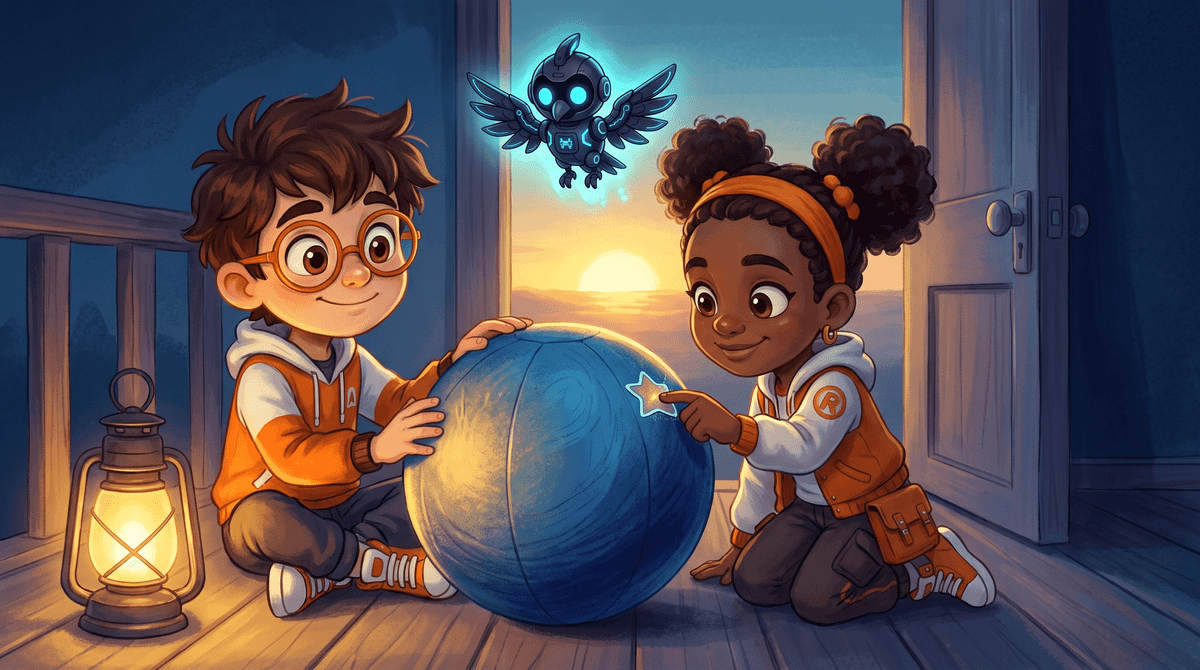 Rocket, Raven and Nova at the Sky Deck on a back porch step. Rocket plants a paper flag on a pencil beside a chair. Raven sits on the step with a notebook open, looking toward the afternoon Sun over a garage. Nova the companion drone hovers beside the railing with a soft glow.