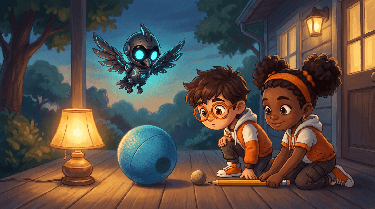 Rocket, Raven and Nova at the Sky Deck in a dim yard corner with a lamp on a table. Rocket holds a small orange on a pencil in front of the lamp. Its shadow falls on a ball held by Raven. Nova the companion drone hovers beside the shadow with a soft glow.