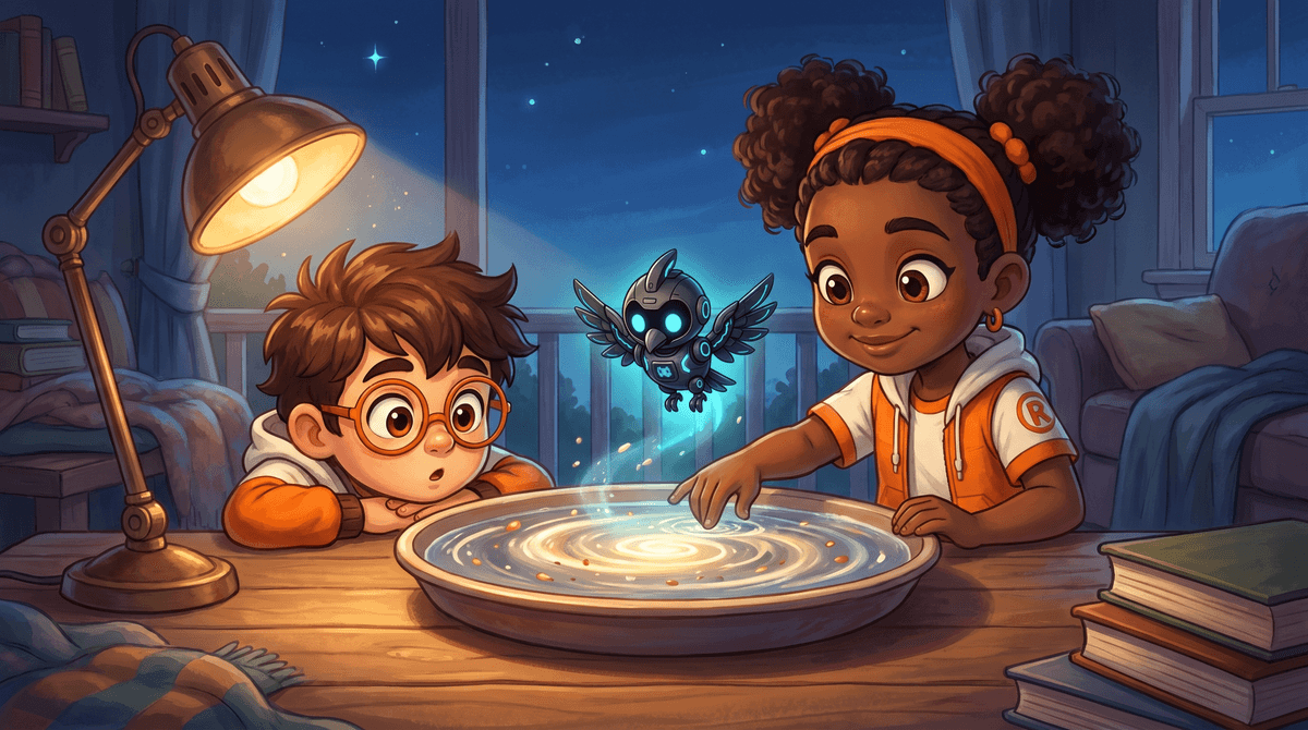 Rocket, Raven and Nova at the Sky Deck on a porch step. Rocket sweeps a handful of pebbles into a pile beside a lamp, a ball and an orange. Raven kneels with her Sky Log open. Nova the companion drone hovers above with her light on the pile.