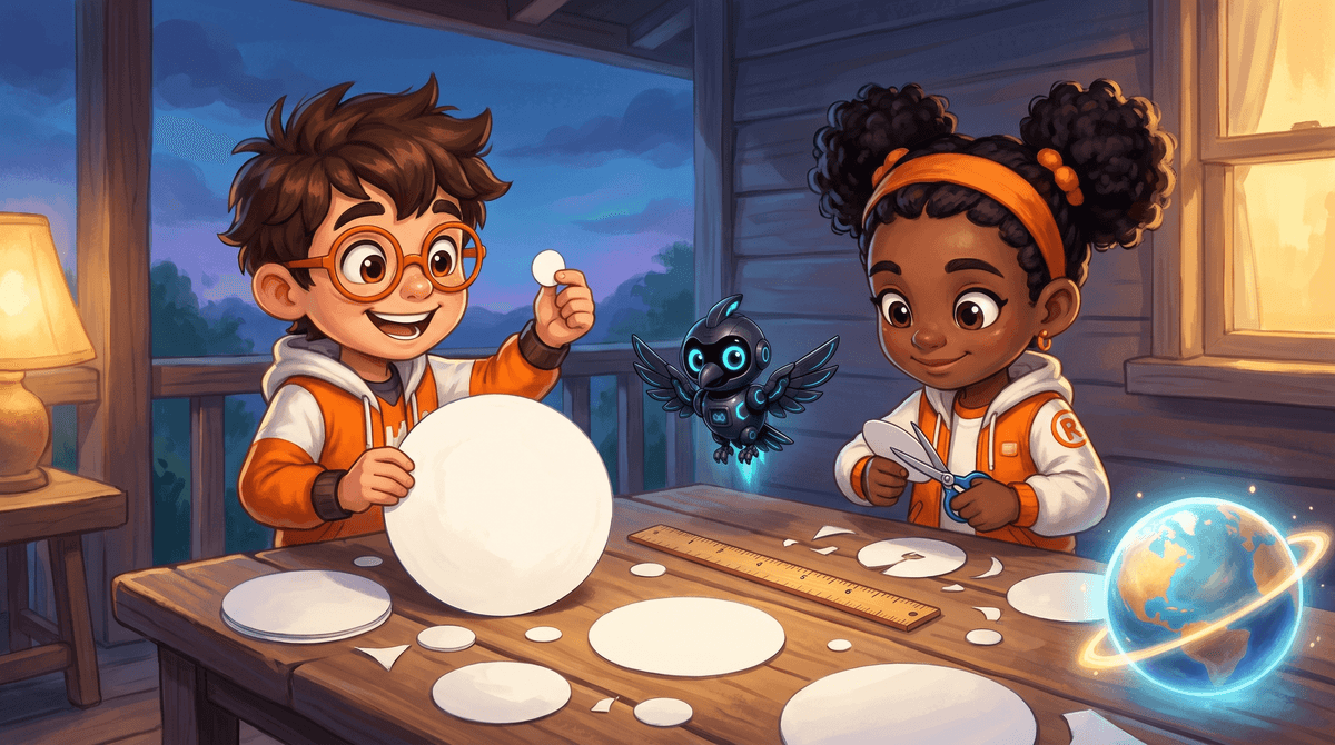 Rocket, Raven and Nova at the Sky Deck table by a window. Rocket holds his hands wide apart above a small ball for Earth. Raven holds a sheet of paper with circles drawn on it and a ruler. Nova the companion drone hovers above with her light making a bright dot on the ball.