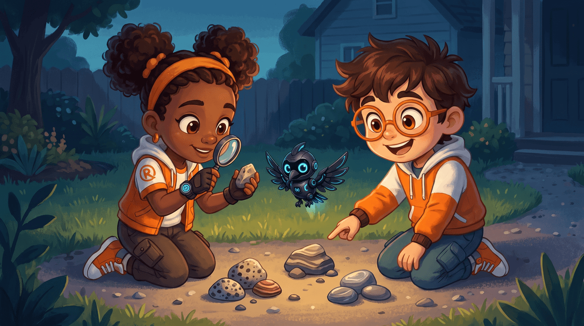 Rocket, Raven and Nova on the Sky Deck porch step. Seven small rocks are lined up on the step beside a paper bag. Rocket holds up a striped rock and Raven looks closely at a sandy one. Nova the companion drone hovers above with her light on the row.