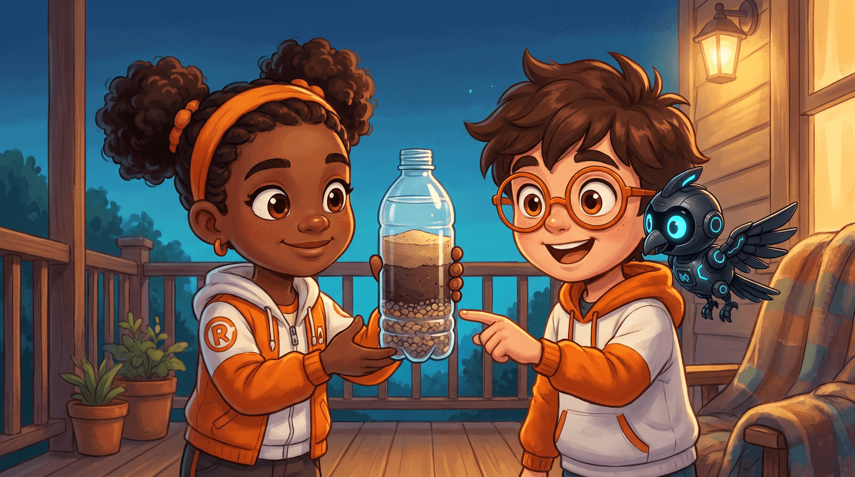 Rocket, Raven and Nova at the Sky Deck window. A clear bottle of water with gravel, sand and soil settling into layers sits on the sill. Rocket points at the bottom layer and Raven writes in a notebook. Nova the companion drone hovers beside the bottle with her light on the layers.