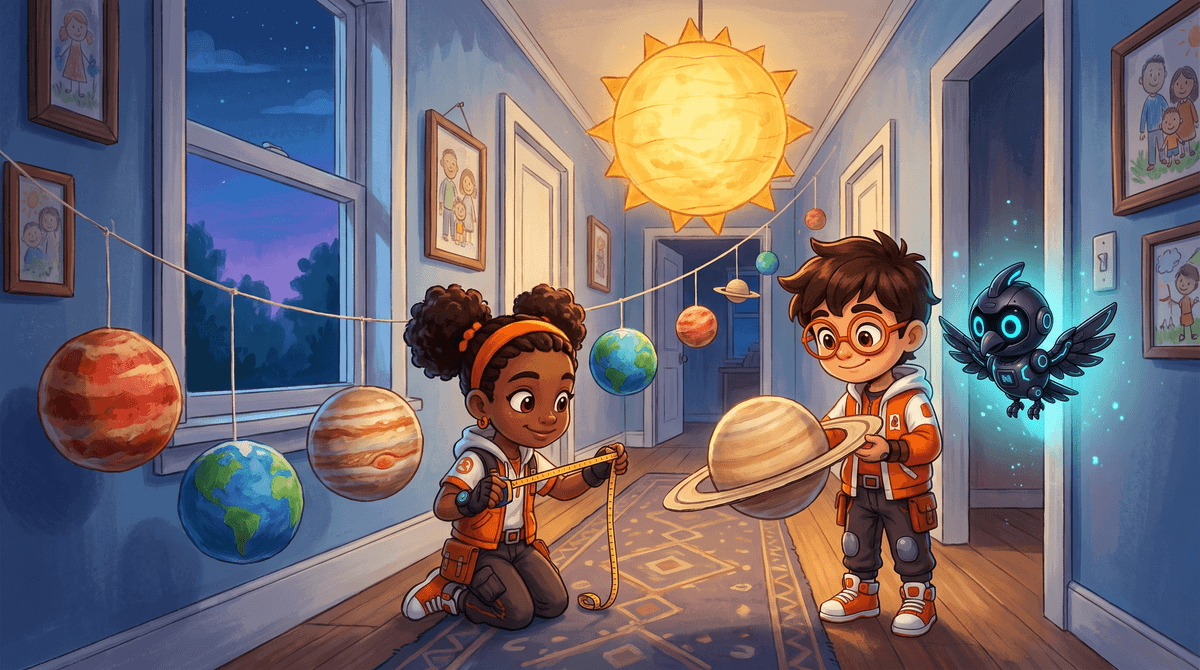 Rocket, Raven and Nova in a hallway that is the Sky Deck this week. Rocket holds a paper Sun and a roll of tape against the far wall. Raven writes a list on a clipboard. Nova the companion drone hovers above with her light down the length of the hall.
