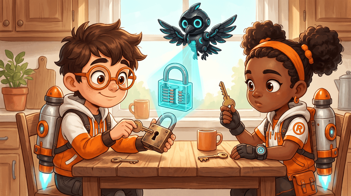 Rocket holds a padlock while Raven lifts a bumpy key. Nova glows a cutaway view of the pins inside.