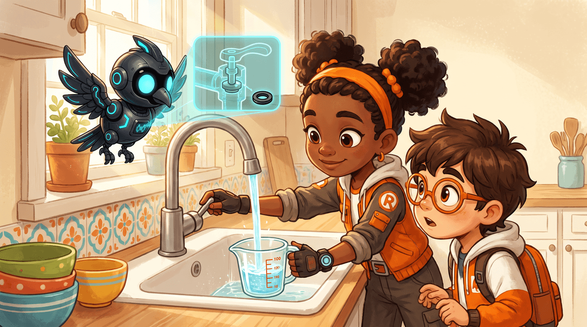 Rocket and Raven look at a kitchen faucet. Nova glows a cutaway of the parts inside it.
