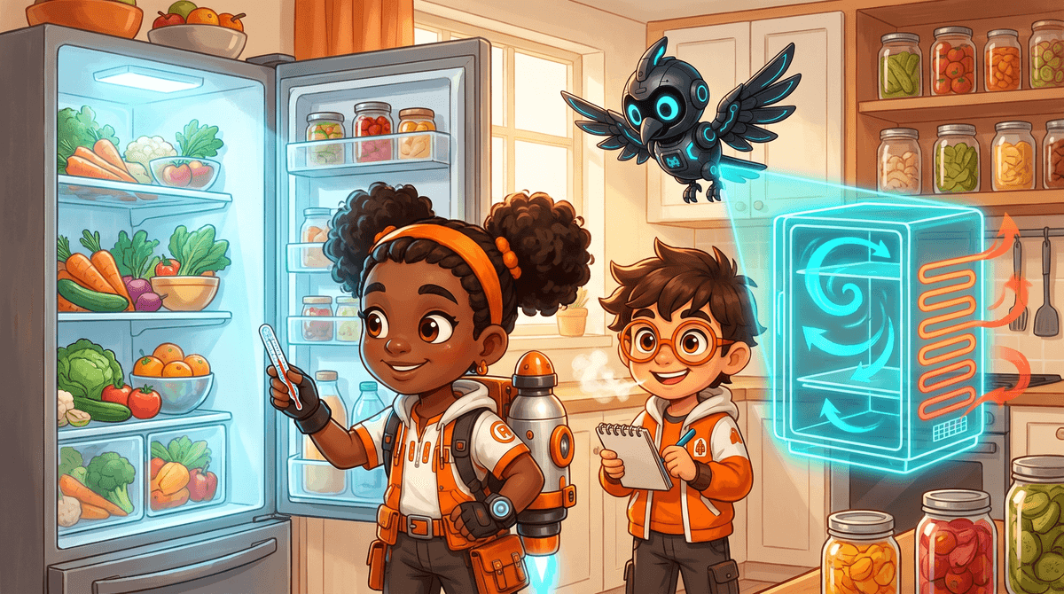 Rocket, Raven and Nova stand beside an open refrigerator. Nova glows above the thick door and its seal.