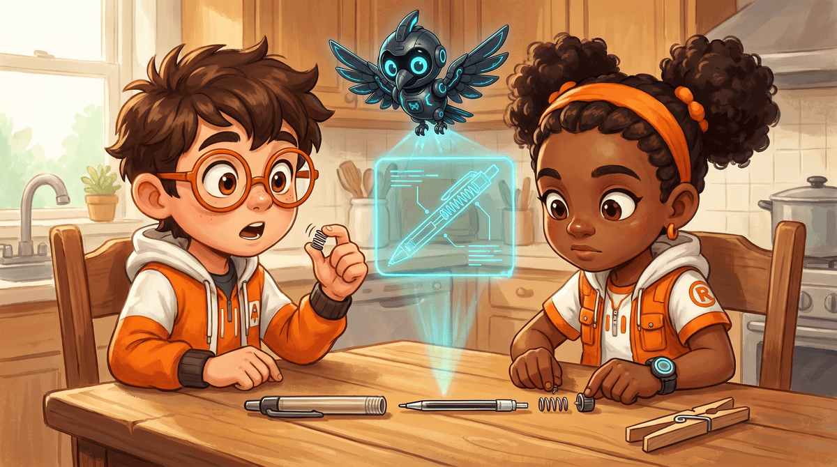 Rocket clicks a pen while Raven listens closely. Nova glows a cutaway of the coil spring inside.