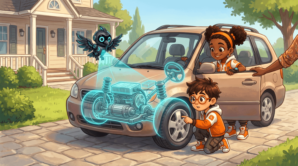 Rocket and Raven stand beside a parked car with a grown-up. Nova glows a cutaway of the wheels and engine.