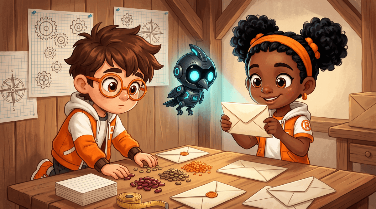 Rocket seals an envelope at the garage bench while Raven writes n + 3 on a card and Nova hovers above.